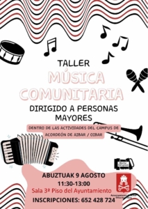 TALLER DE MÚSICA COMUNITARIA DIRIGIDO A PERSONAS MAYORES @ 3er PISO AYUNTAMIENTO DE AIBAR